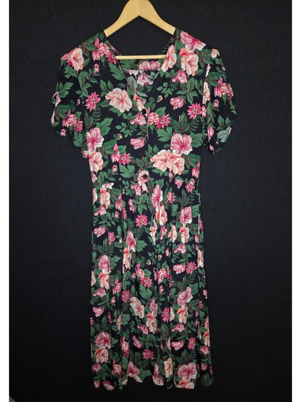 💙 E.D. Michaels Vintage Black Pink Floral Size 12 Button Front Midi Dress